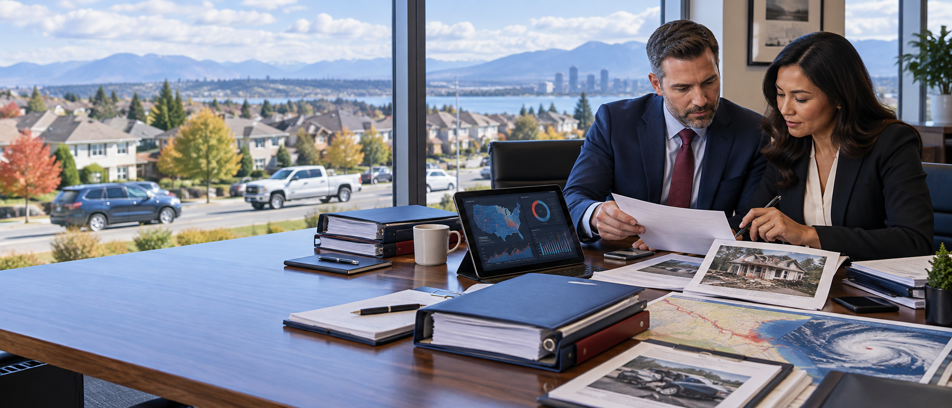Insurance professionals reviewing AI-assisted medical-office property risk evidence beside a North American suburban clinic