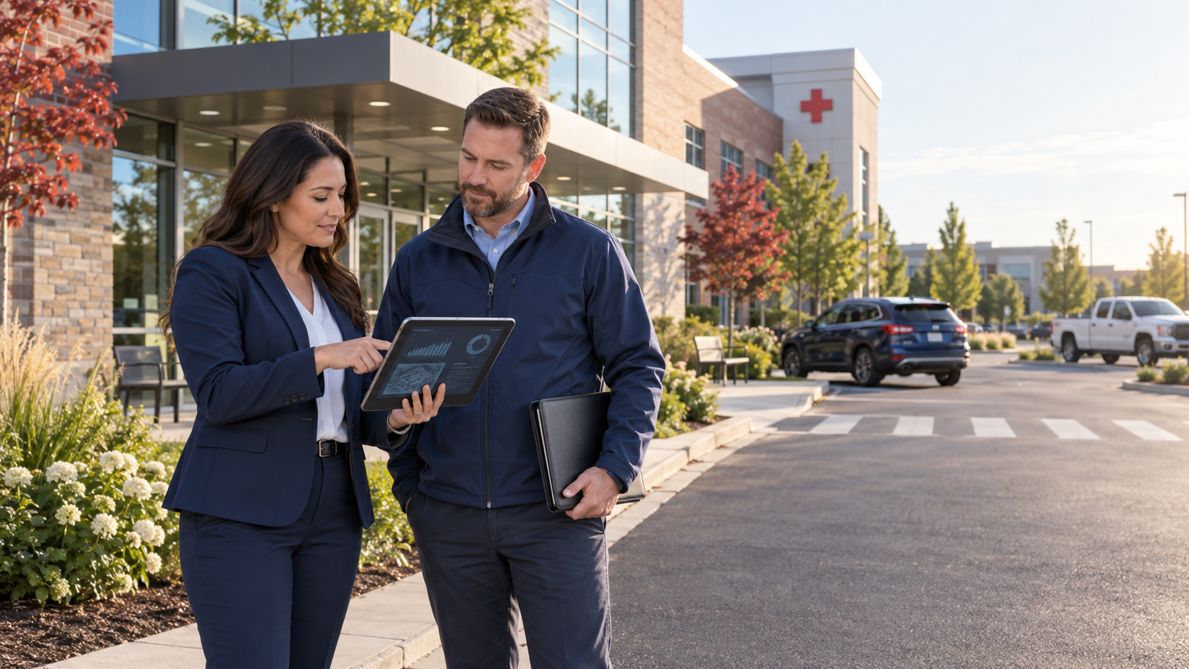 Insurance professionals reviewing AI-assisted medical-office property risk evidence beside a North American suburban clinic