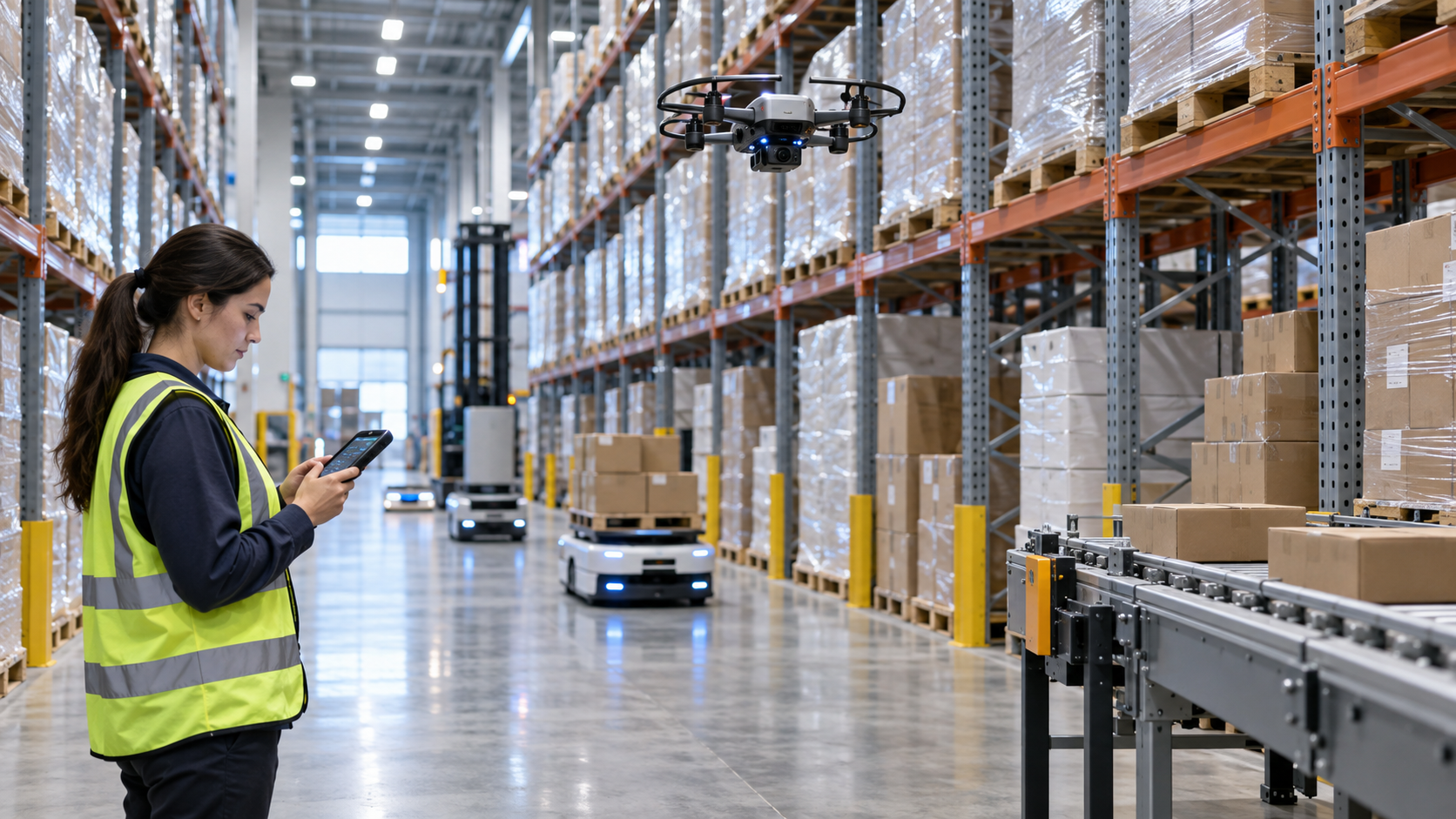 AI-enabled 3PL warehouse with autonomous inventory drone, mobile robots and human operators