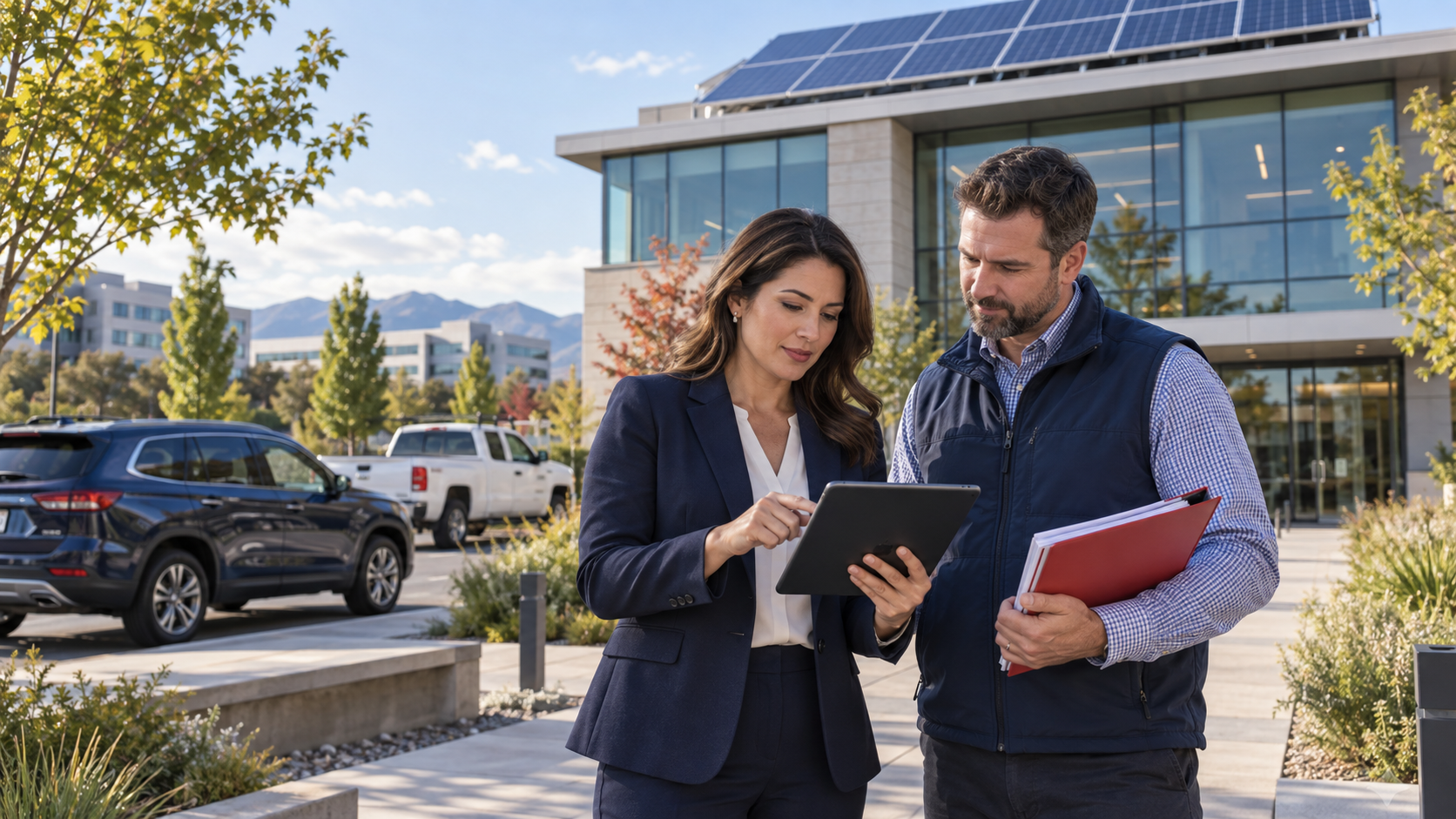 Insurance professionals reviewing AI-assisted commercial office property risk evidence beside a North American business complex