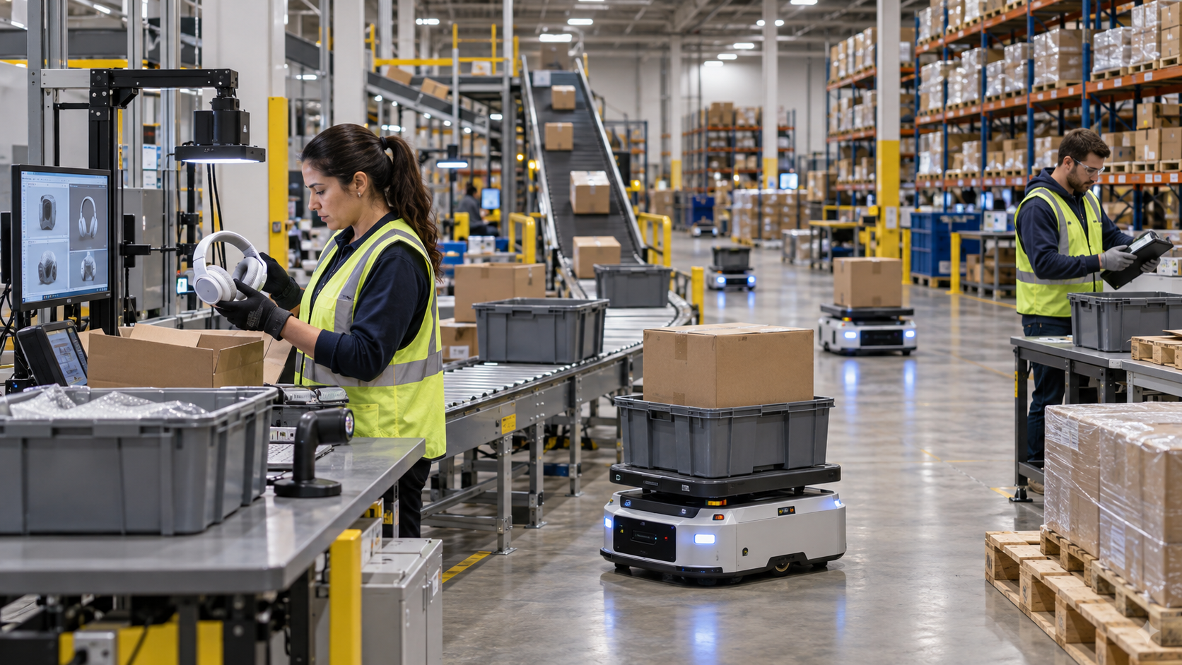AI-enabled 3PL warehouse with autonomous inventory drone, mobile robots and human operators