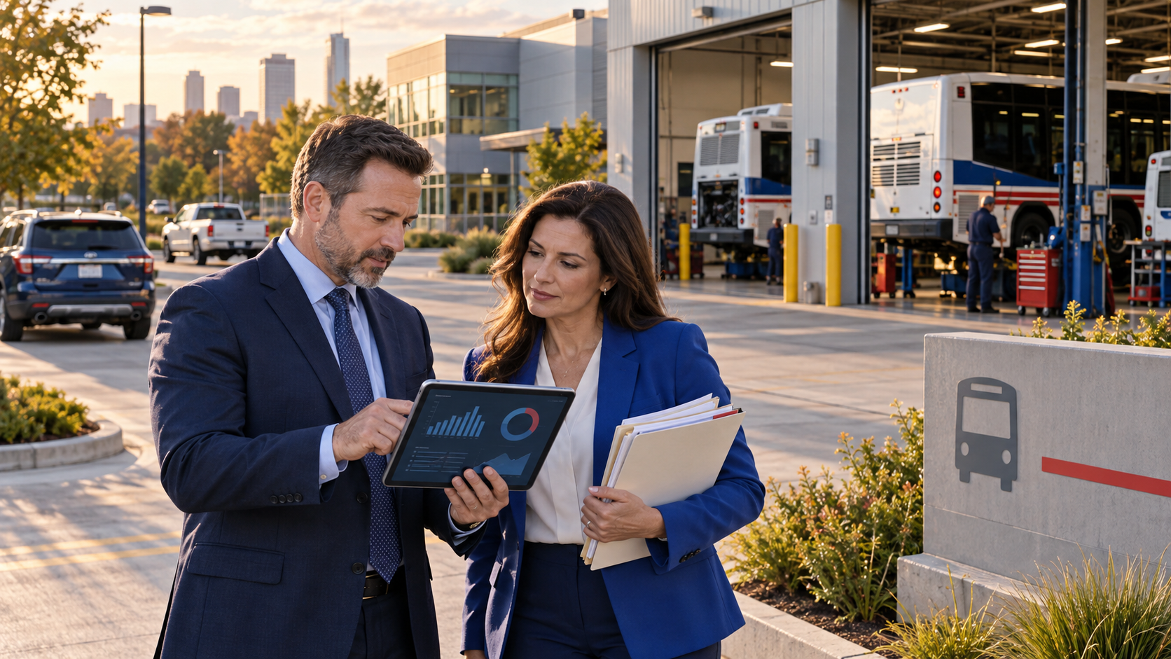 Insurance professionals reviewing AI-assisted transit fleet and property risk evidence beside a North American commercial depot