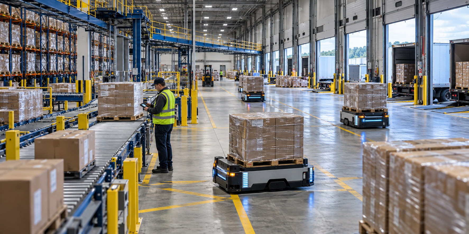 AI-enabled 3PL warehouse with autonomous mobile robots, conveyors, racking and human operators