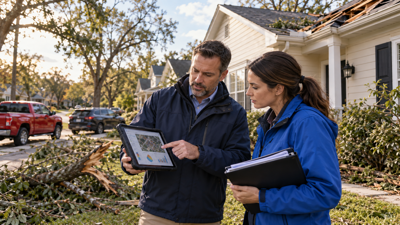 Insurance claims professionals reviewing storm-damaged property evidence beside a North American suburban home