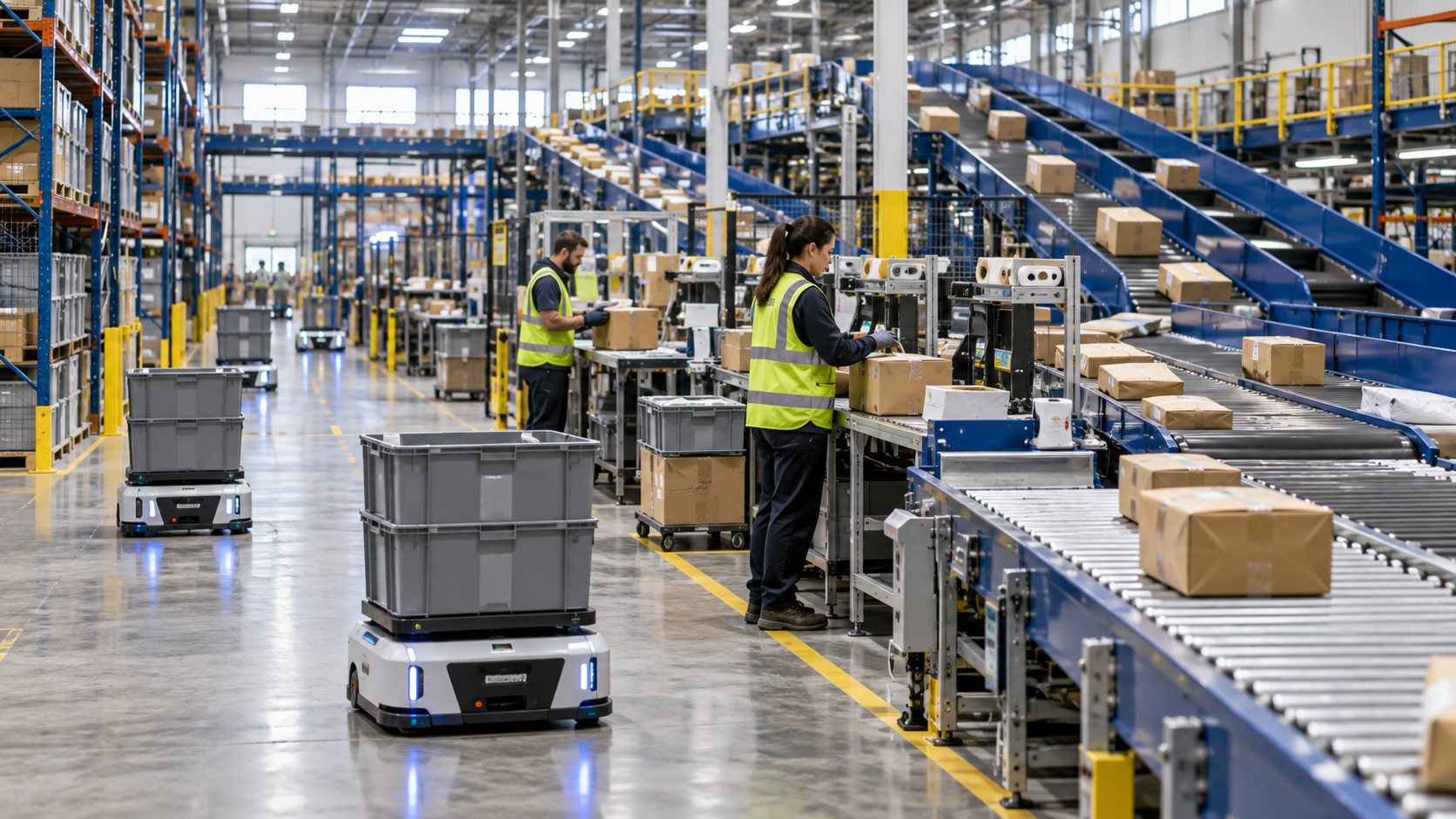 AI-enabled parcel fulfillment warehouse with autonomous mobile robots, conveyors, cartons, racking, and human operators