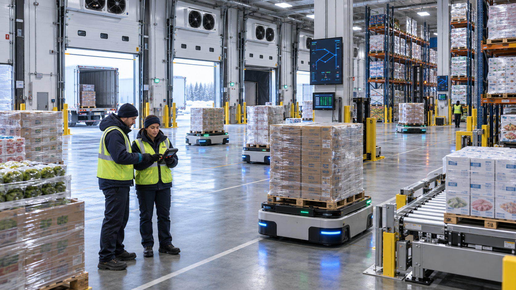 AI-enabled logistics warehouse with autonomous mobile robots, conveyors, cartons, racking, and human operators