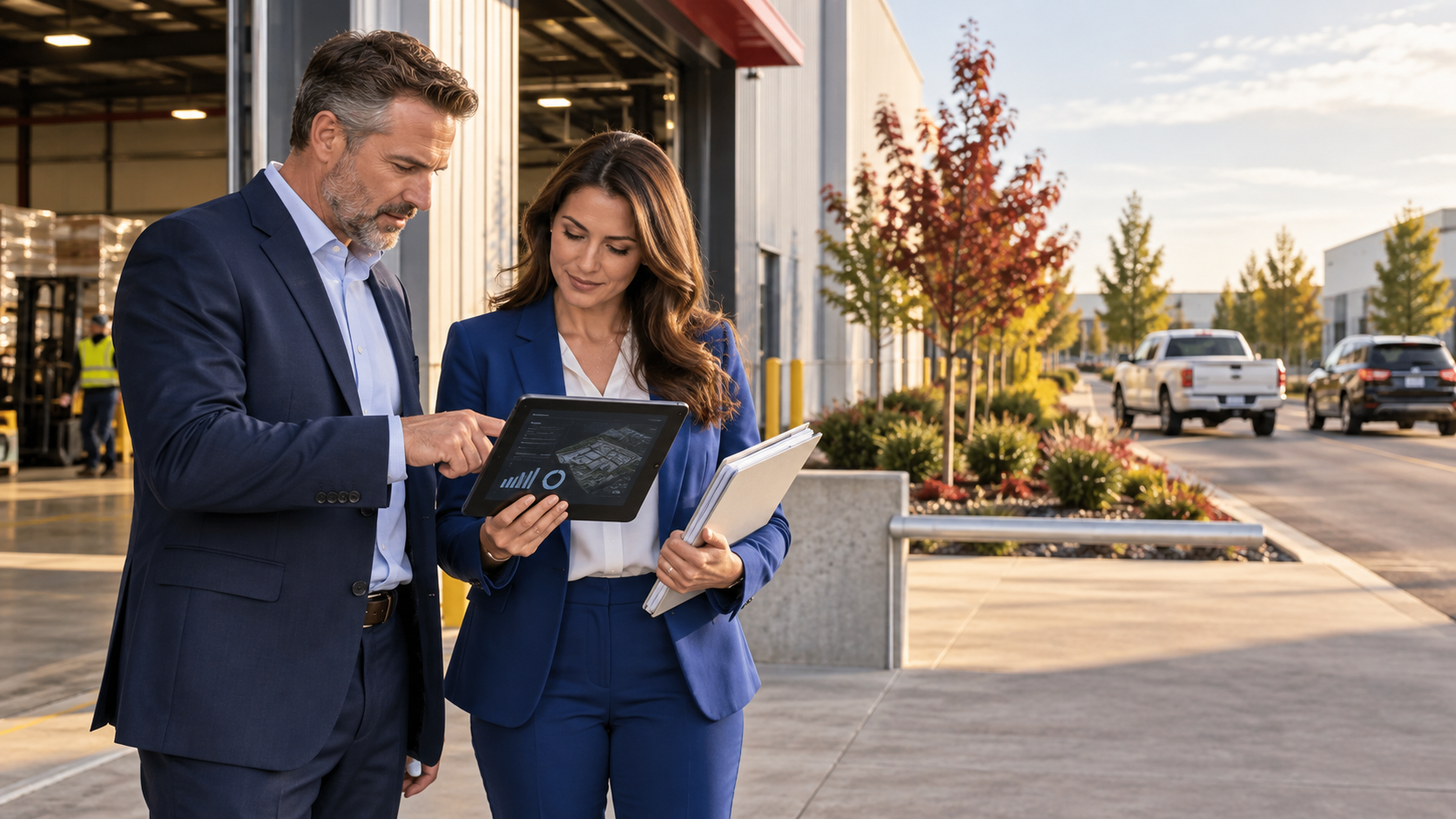 Insurance professionals reviewing AI-assisted commercial property risk evidence beside a North American facility