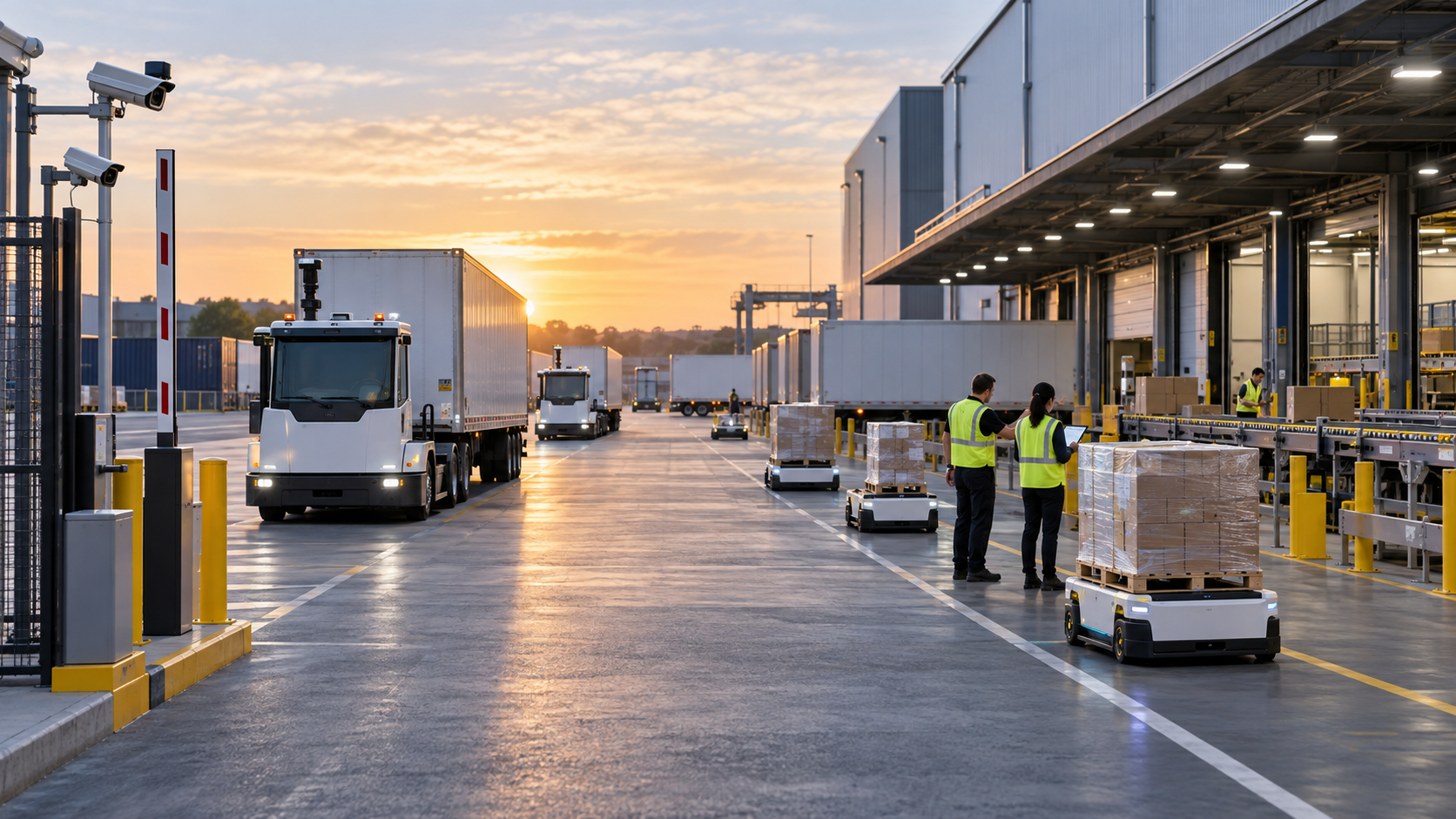 AI-enabled 3PL distribution center with autonomous yard tractors, gate vision equipment, pallets, cartons, and human logistics associates