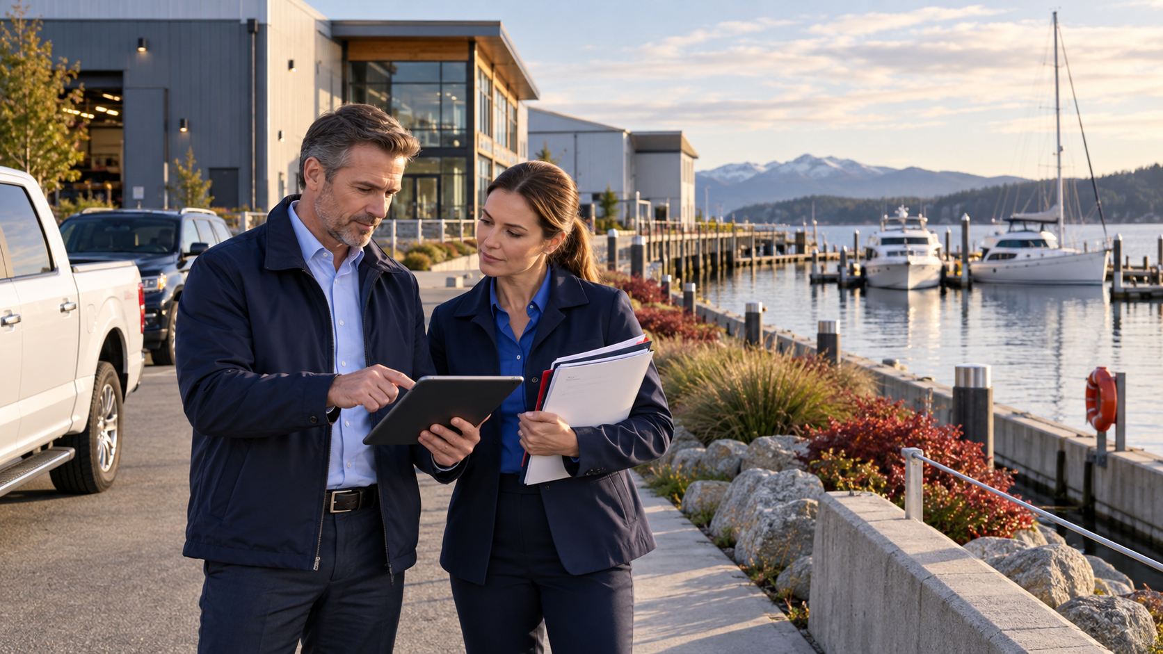 Insurance professionals reviewing AI-assisted waterfront commercial property risk evidence beside a North American marina facility