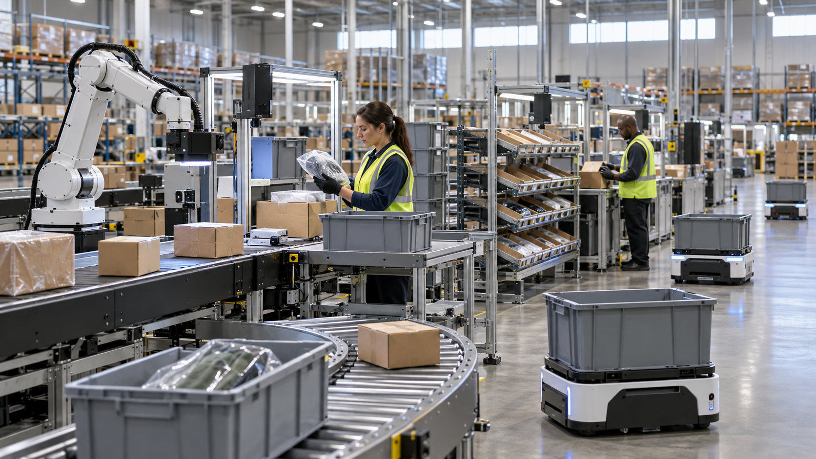 AI-enabled reverse-logistics warehouse with robotic inspection, conveyors, totes, cartons, racking, and human operators