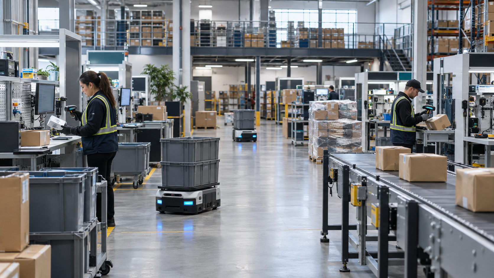AI-enabled reverse-logistics 3PL warehouse with autonomous mobile robots, reusable totes, conveyors, cartons, work cells, racking, and human workers