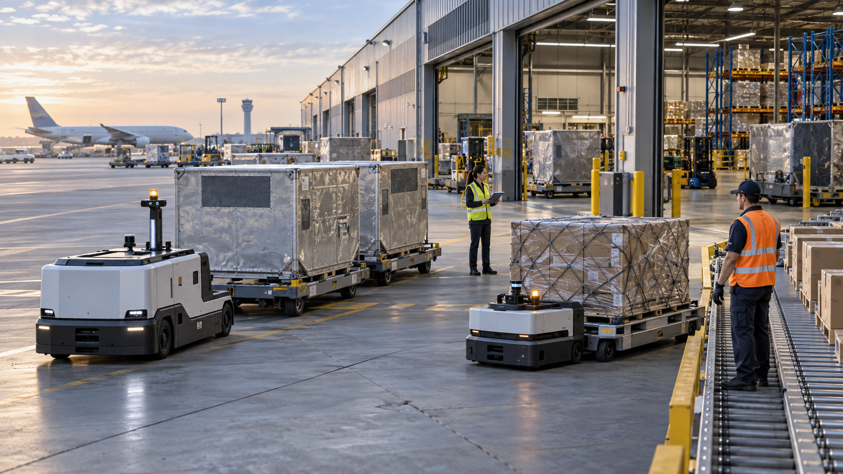 AI-enabled air-cargo 3PL warehouse with autonomous cargo tugs, pallet movers, freight containers, conveyor, pallets, racking, and human workers