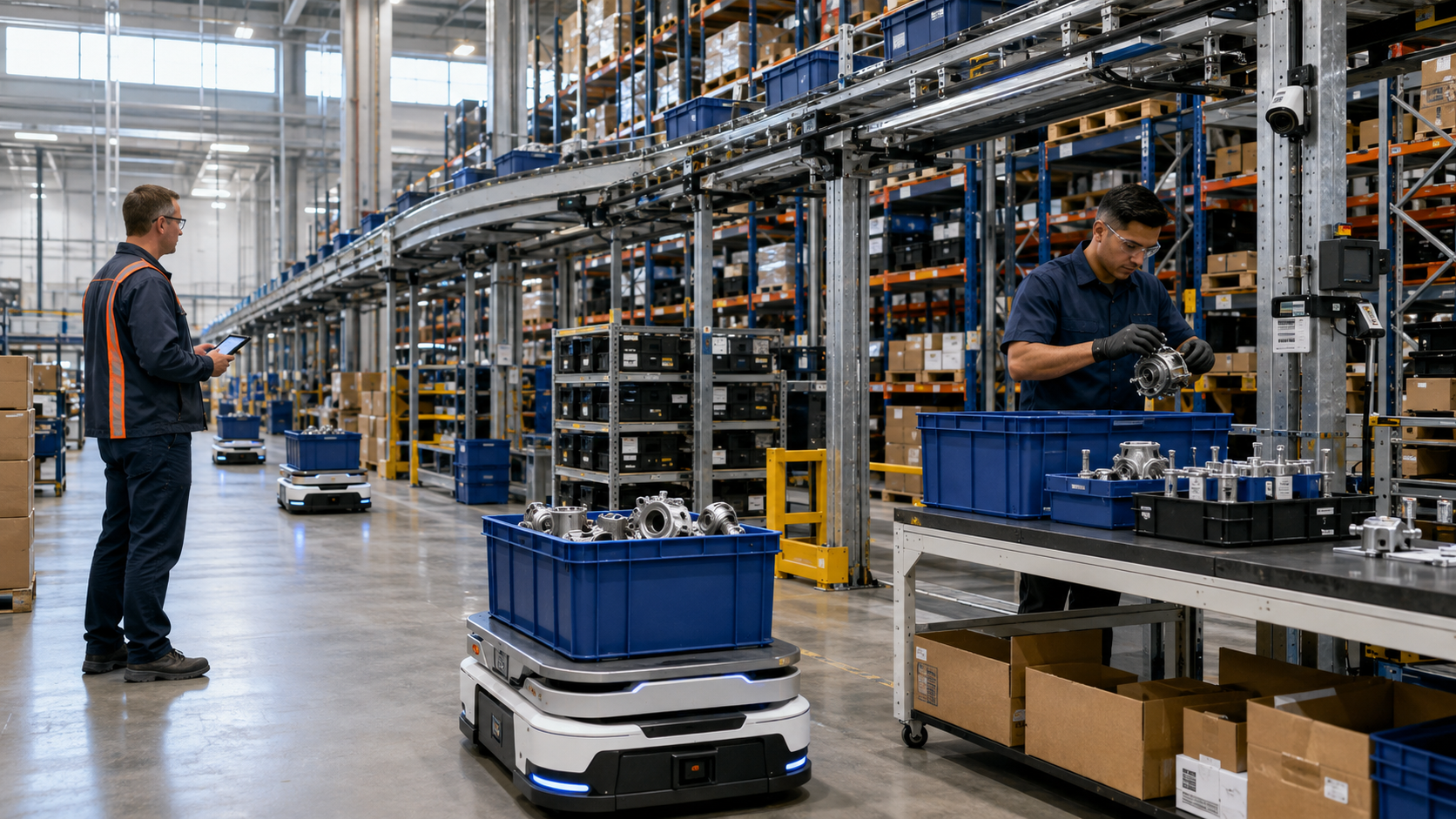 AI-enabled automotive-parts 3PL warehouse with autonomous mobile robots, conveyor, reusable totes, kitting bench, pallets, racking, and human workers