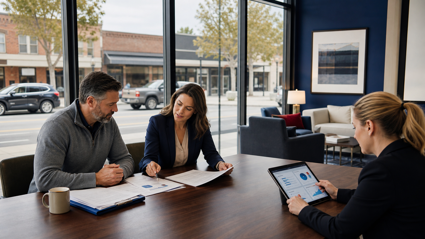 Insurance customer and account executive reviewing AI-assisted small-business coverage and claims evidence