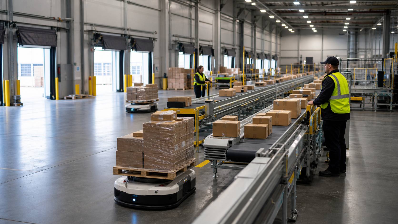 AI-enabled parcel cross-dock with autonomous mobile robots, conveyor sortation, palletized cartons, and human supervisors