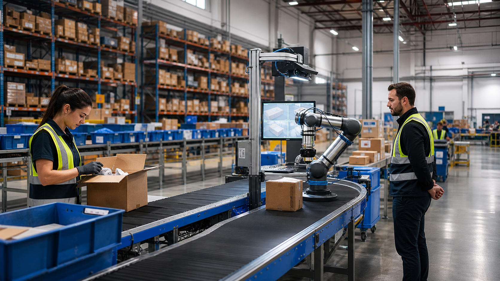 AI-enabled reverse-logistics warehouse with robotic inspection, conveyor belts, cartons, totes, racking, and human supervisors