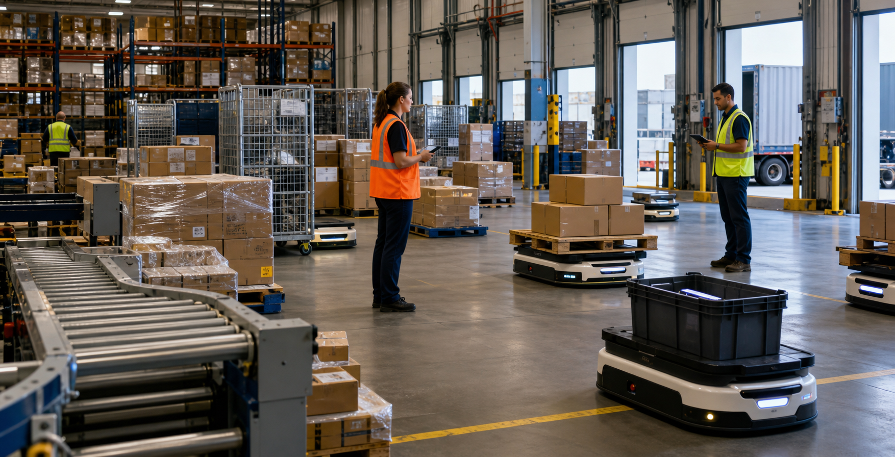 AI-enabled 3PL dispatch warehouse with autonomous mobile robots, conveyors, pallets, cartons, racking, and human supervisors