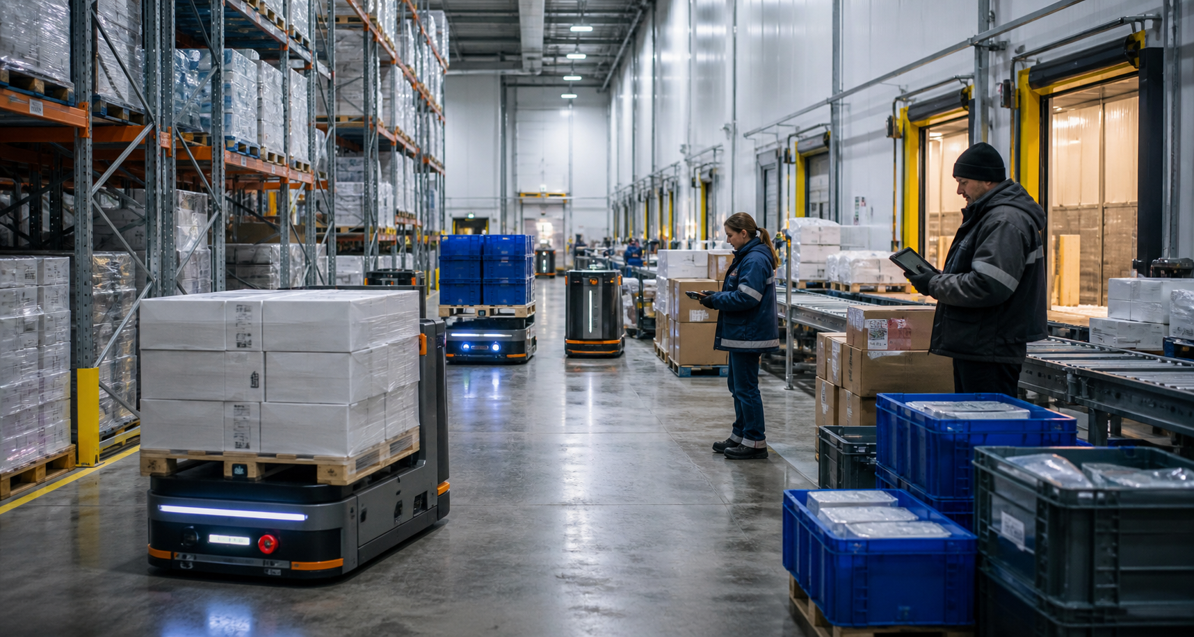 AI-enabled cold-chain warehouse with autonomous pallet movers, conveyors, cartons, racking, and human supervisors