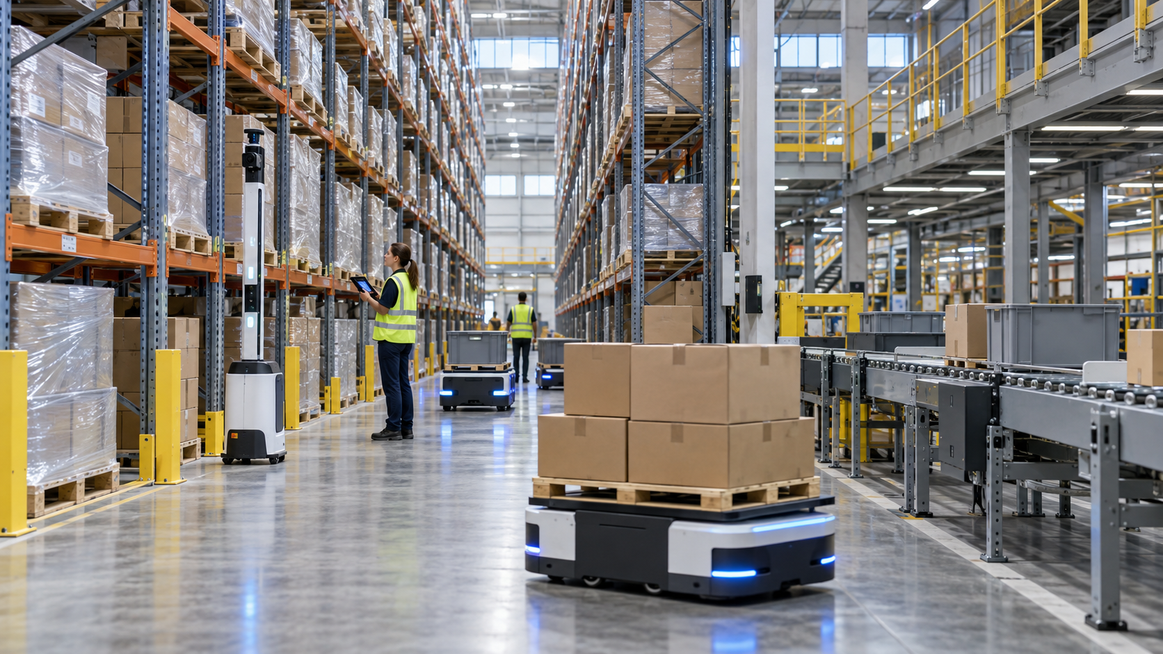 AI-enabled reverse-logistics warehouse with robotic inspection, conveyors, totes, cartons, racking, and human operators