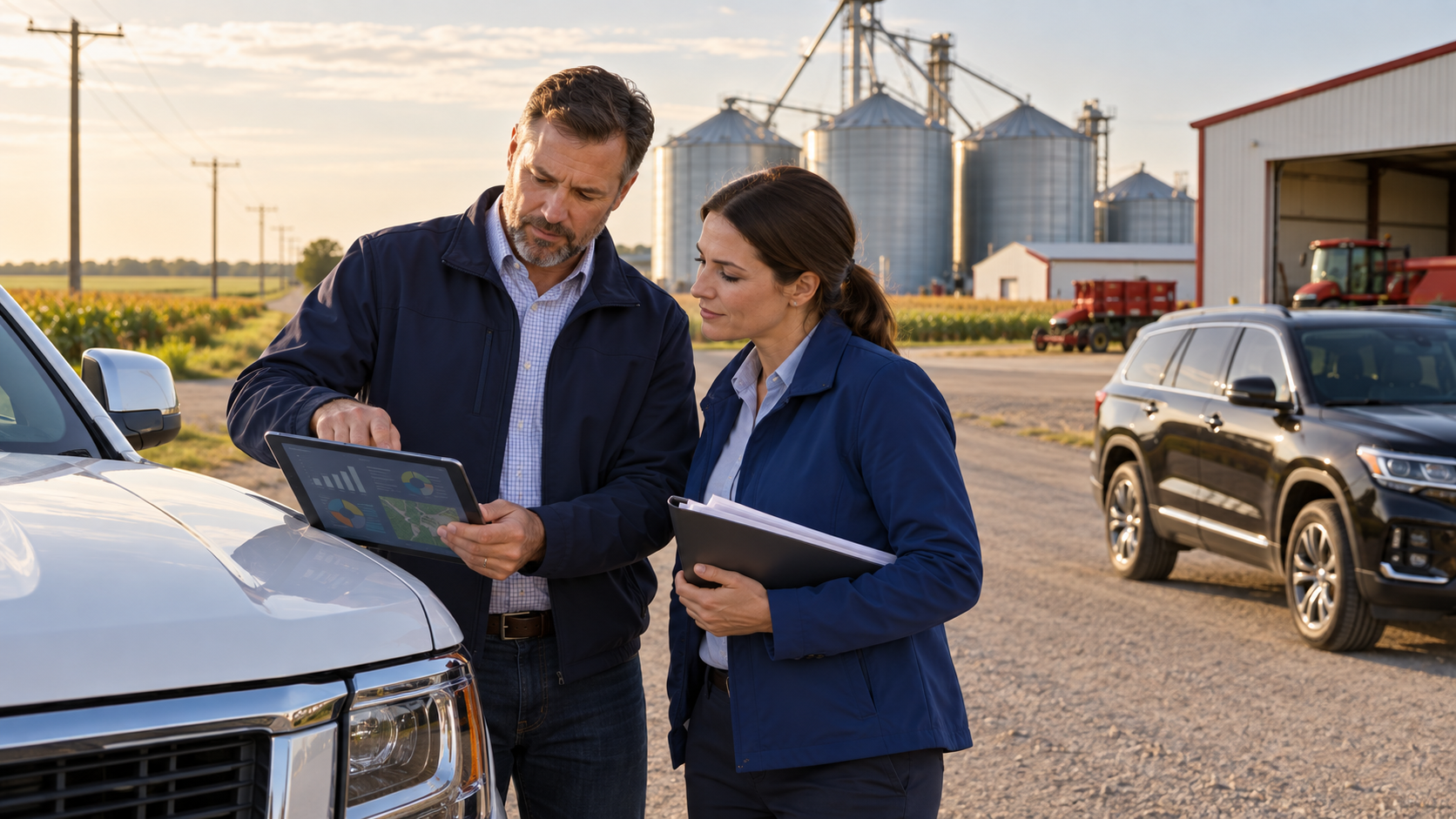 Insurance professionals reviewing AI-assisted agricultural property risk evidence beside a North American farm facility