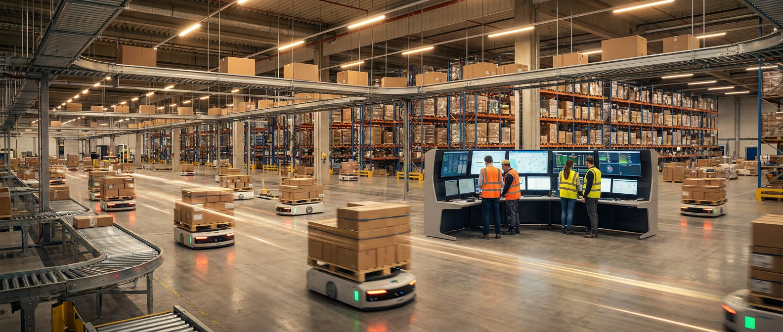 AI-enabled cross-dock warehouse with autonomous mobile robots, conveyors, pallets, racking, and human supervisors