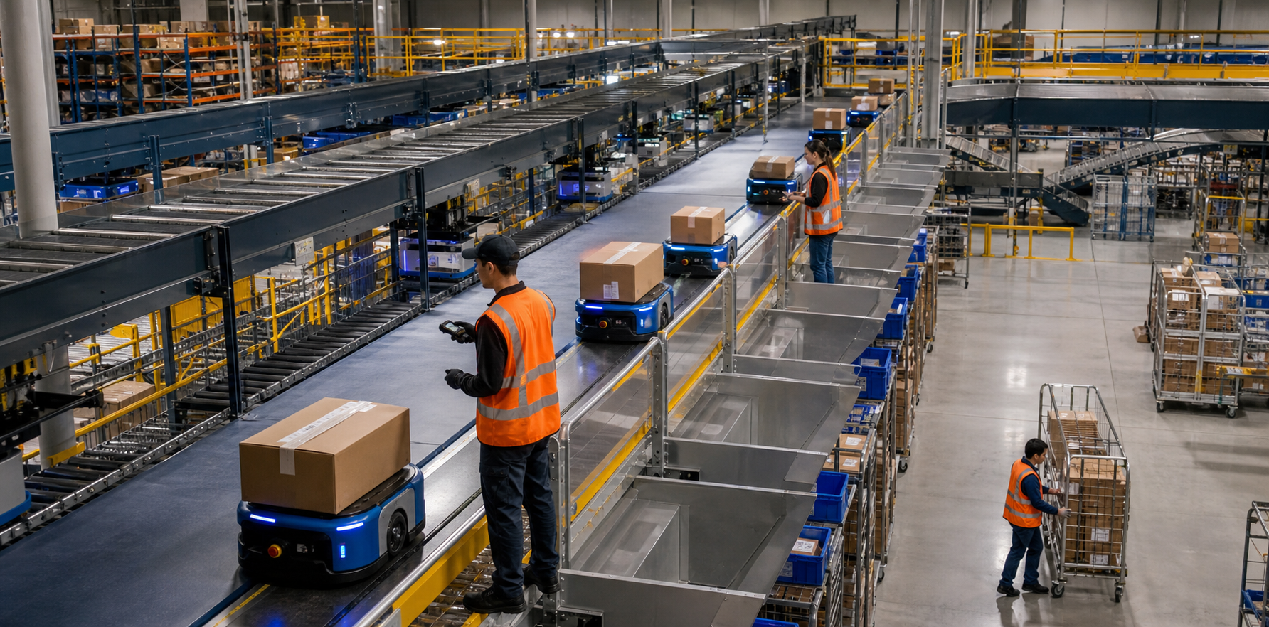 AI-enabled parcel sortation warehouse with autonomous mobile robots, conveyors, cartons, racking, and human supervisors