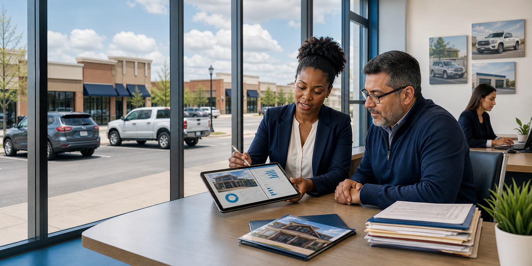 Insurance professional helping a small-business owner review AI-assisted property and commercial auto coverage