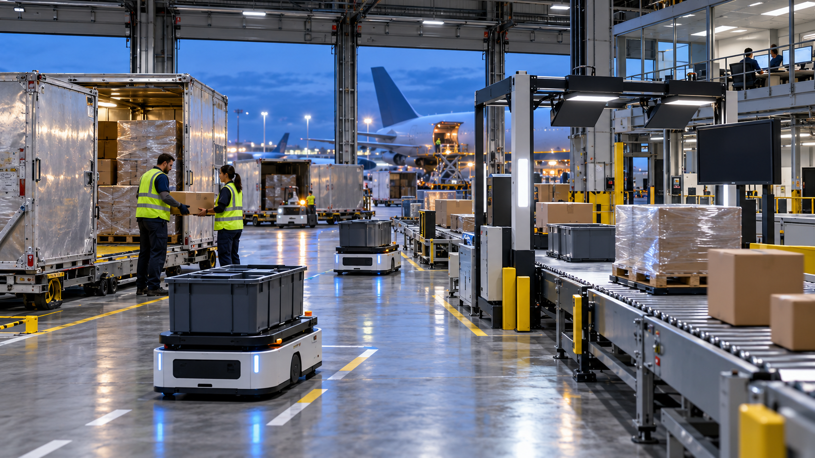 AI-enabled air-cargo logistics hub with autonomous tote movers, conveyors, cargo containers, cartons, and human operators