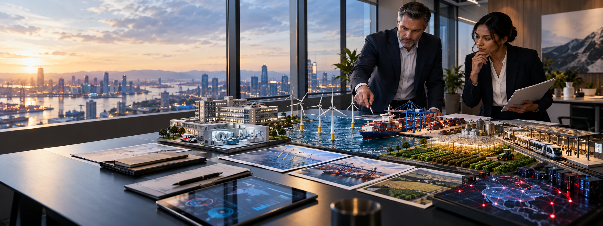 Insurance professionals reviewing AI-assisted commercial auto and liability risk evidence beside a North American business park