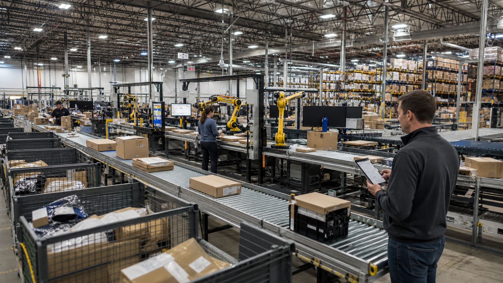 AI-enabled cold-chain warehouse execution with autonomous pallet robots, pallets, racking, and human supervisors