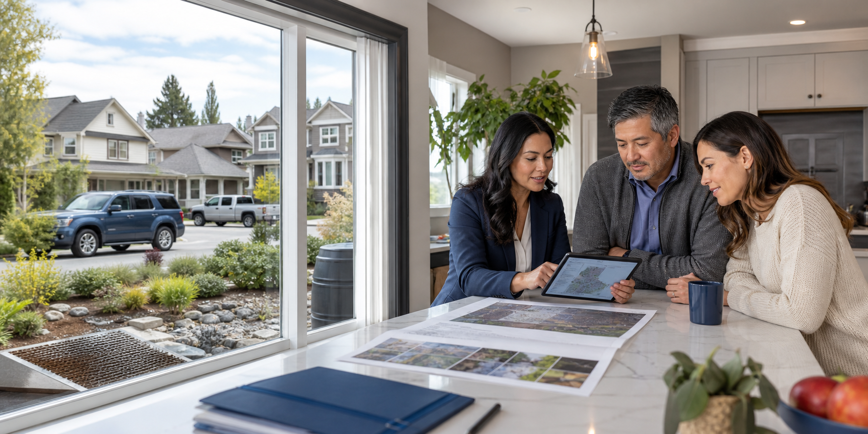 Insurance resilience specialist and homeowners reviewing AI-assisted property risk and climate preparedness