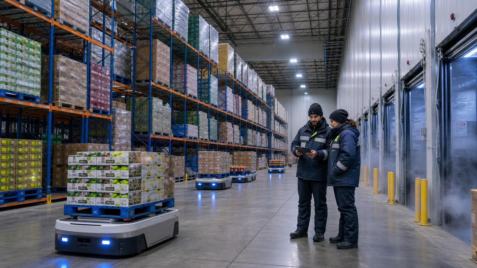 AI-enabled cold-chain warehouse execution with autonomous pallet robots, pallets, racking, and human supervisors