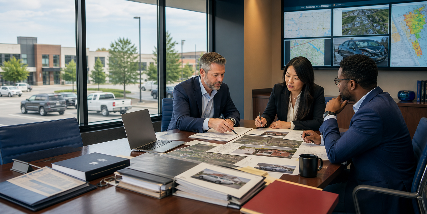 Insurance underwriting and broker professionals reviewing AI-assisted property, auto, and risk evidence