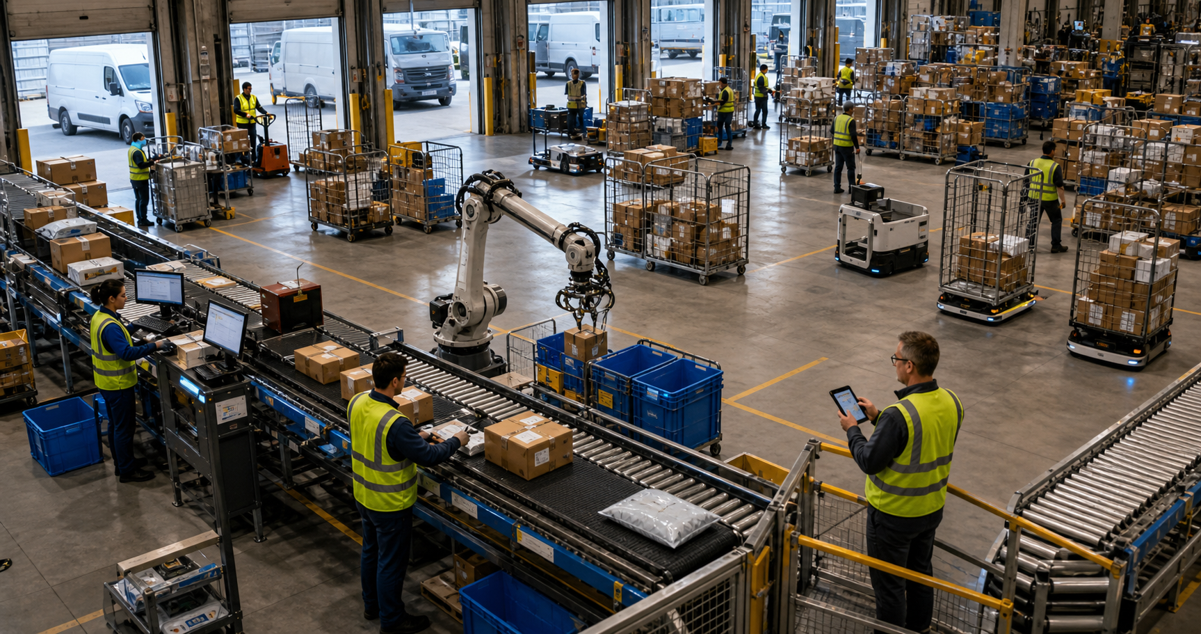 AI-enabled cross-dock logistics operation with robotic parcel sorting, conveyors, rolling cages, human operators, and a supervisor reviewing operational data