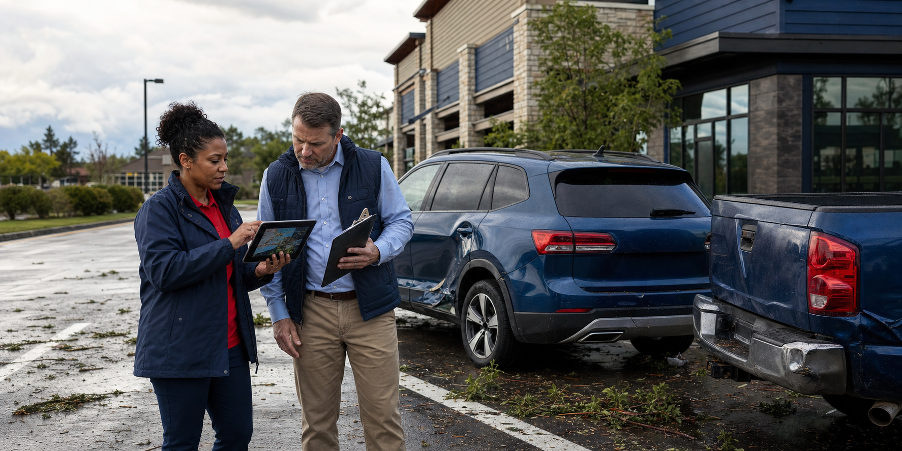 Insurance professionals conducting AI-assisted field claims inspection for property and auto risk analytics