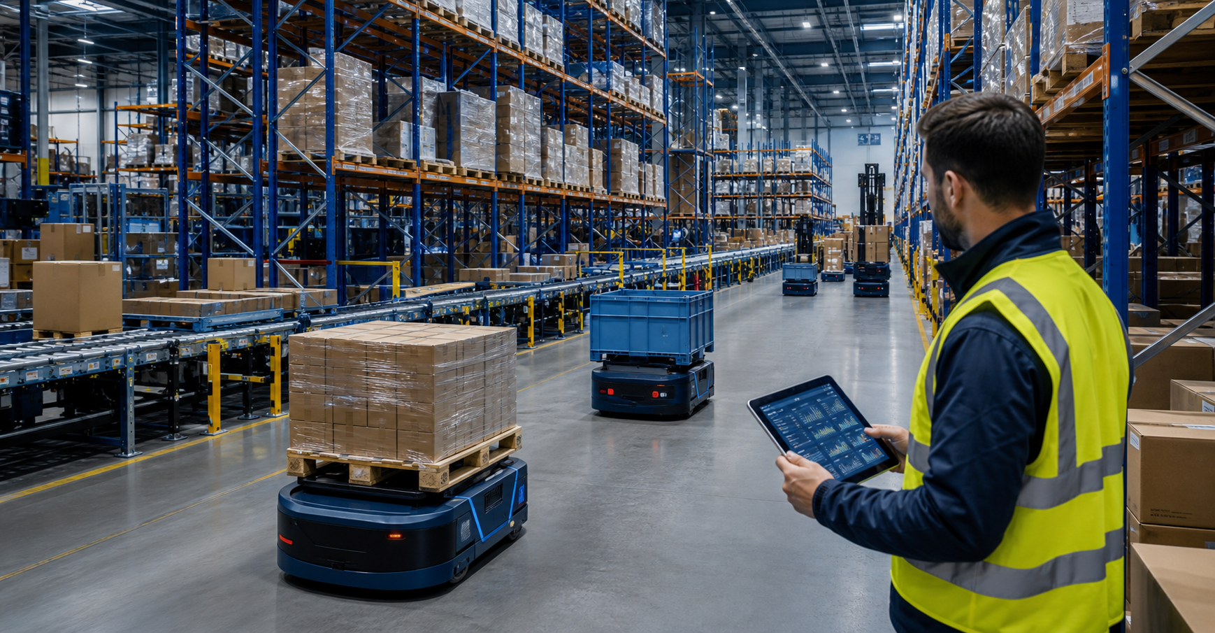 AI-enabled warehouse execution with autonomous mobile robots, conveyors, pallets, racking, and a supervisor reviewing operational data on a tablet