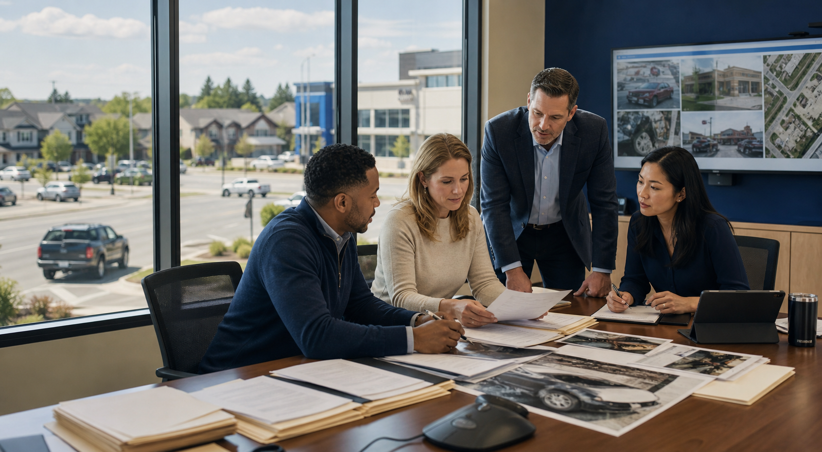 Insurance professionals reviewing AI-enabled claims, underwriting, property and auto risk analytics