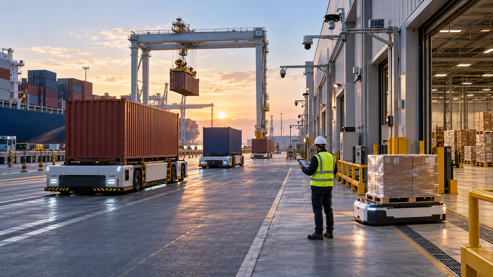 AI-enabled seaport and 3PL warehouse transfer with autonomous container movers, conveyors, pallets, cartons, and a human coordinator