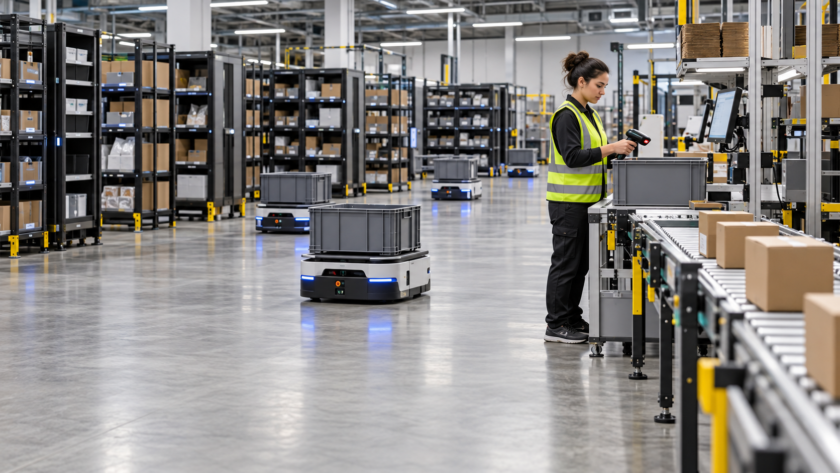 AI-enabled urban micro-fulfillment center with autonomous mobile robots, conveyors, cartons, shelving and a human warehouse associate