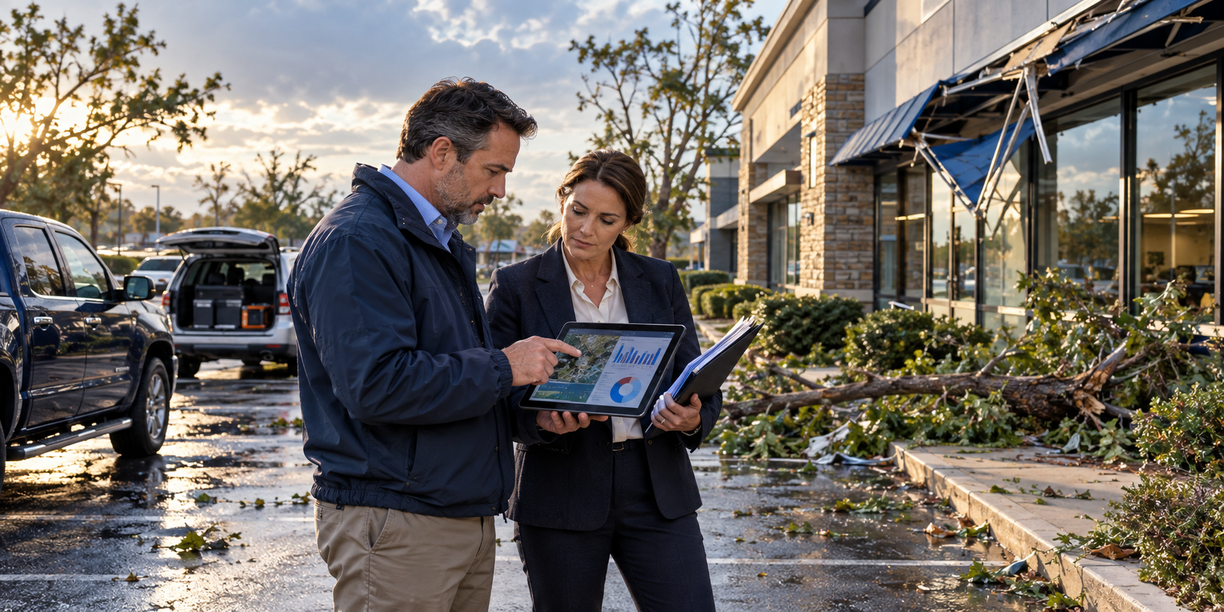 Insurance professionals reviewing AI-assisted storm property claims evidence beside a North American commercial building