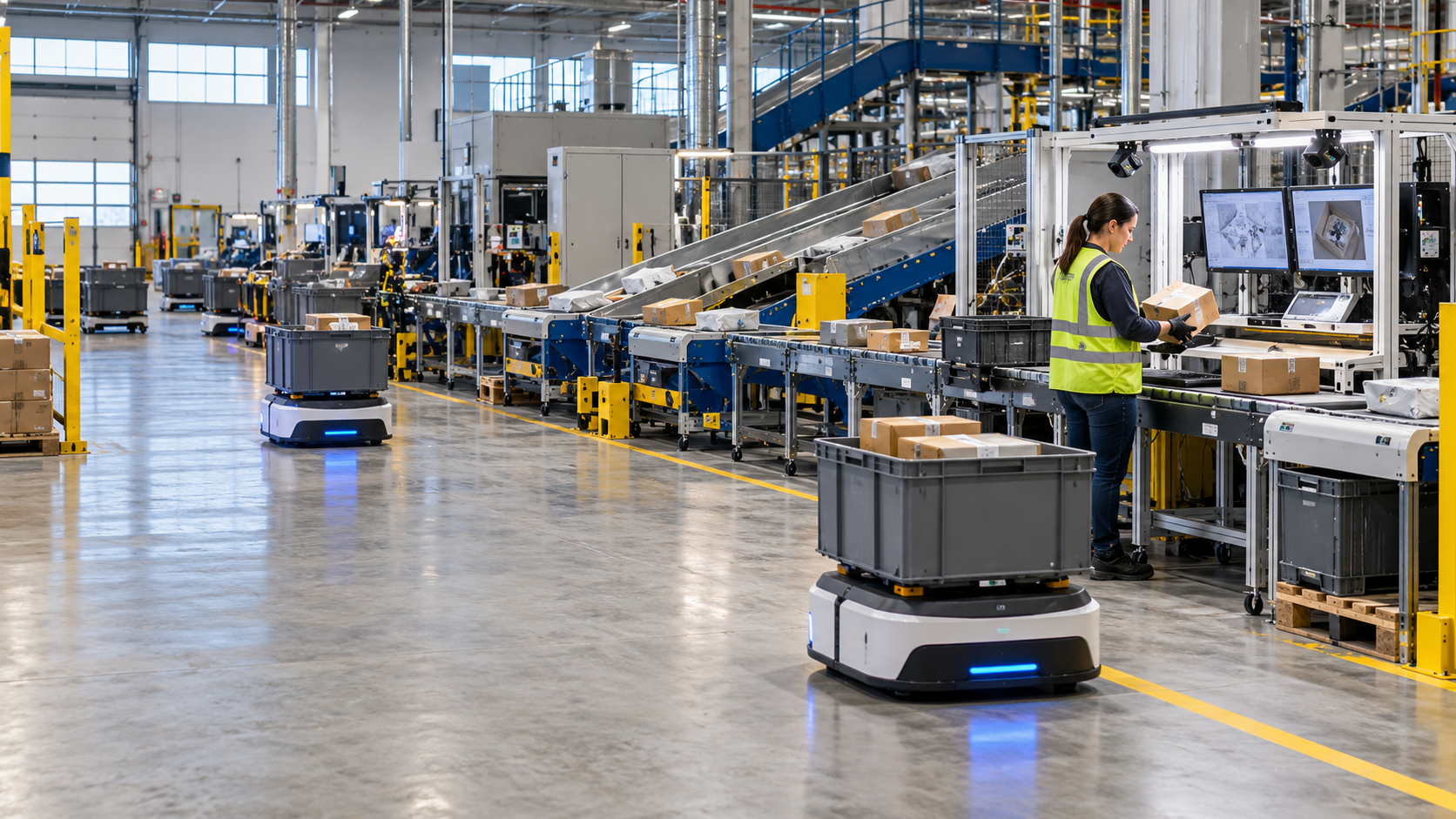 AI-enabled reverse-logistics returns center with autonomous mobile robots, conveyors, cartons, inspection stations and a human warehouse associate