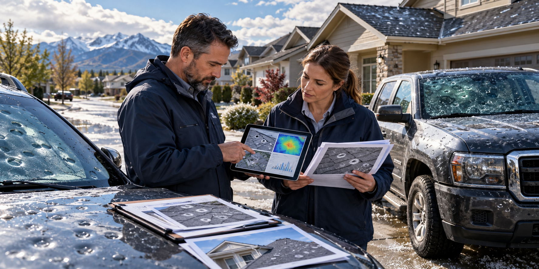 Insurance professionals reviewing AI-assisted residential hail and auto claims evidence in a North American suburb