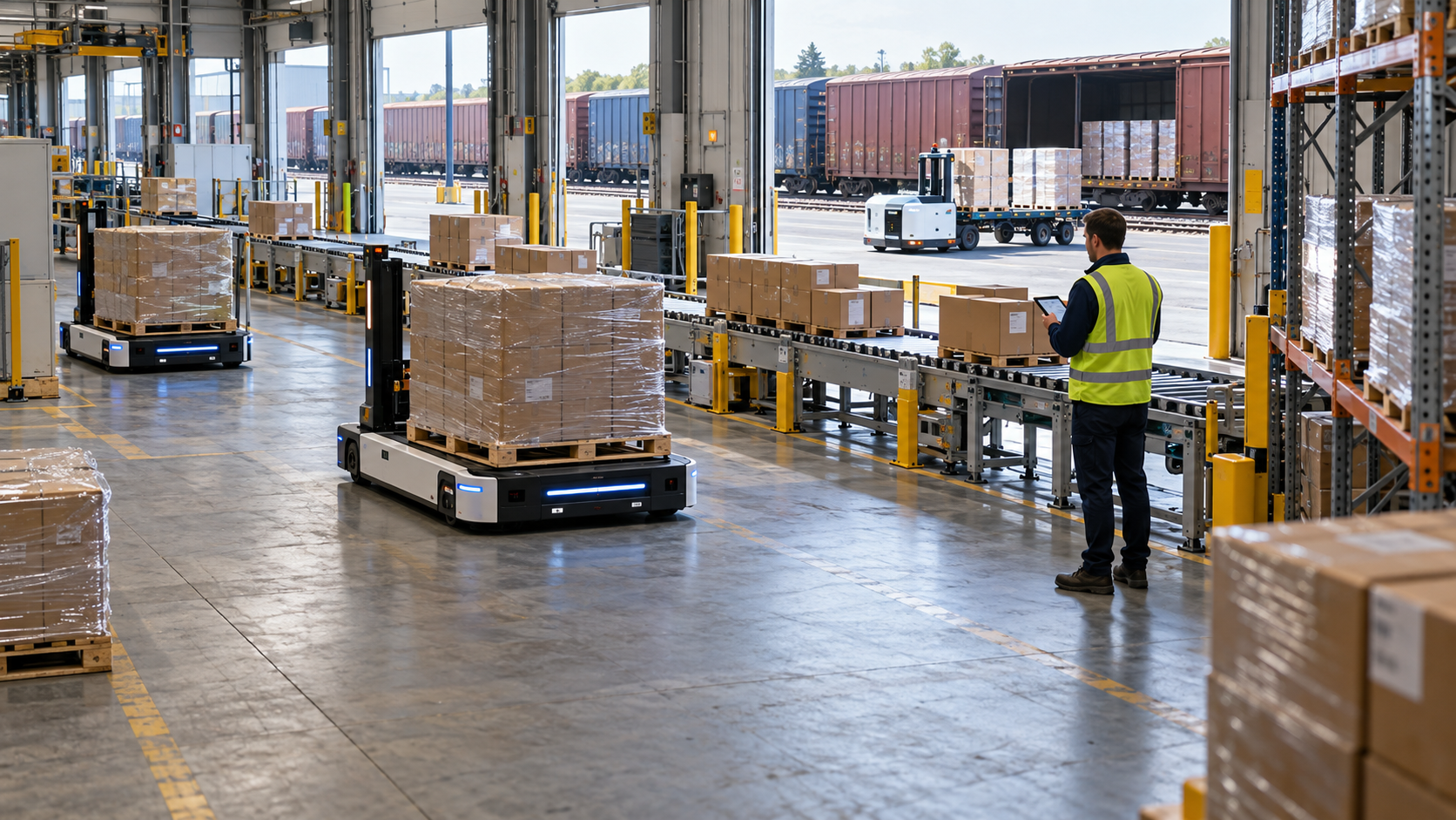 AI-enabled intermodal cross-dock with autonomous pallet movers, conveyors, pallets, cartons, rail freight and a human logistics supervisor