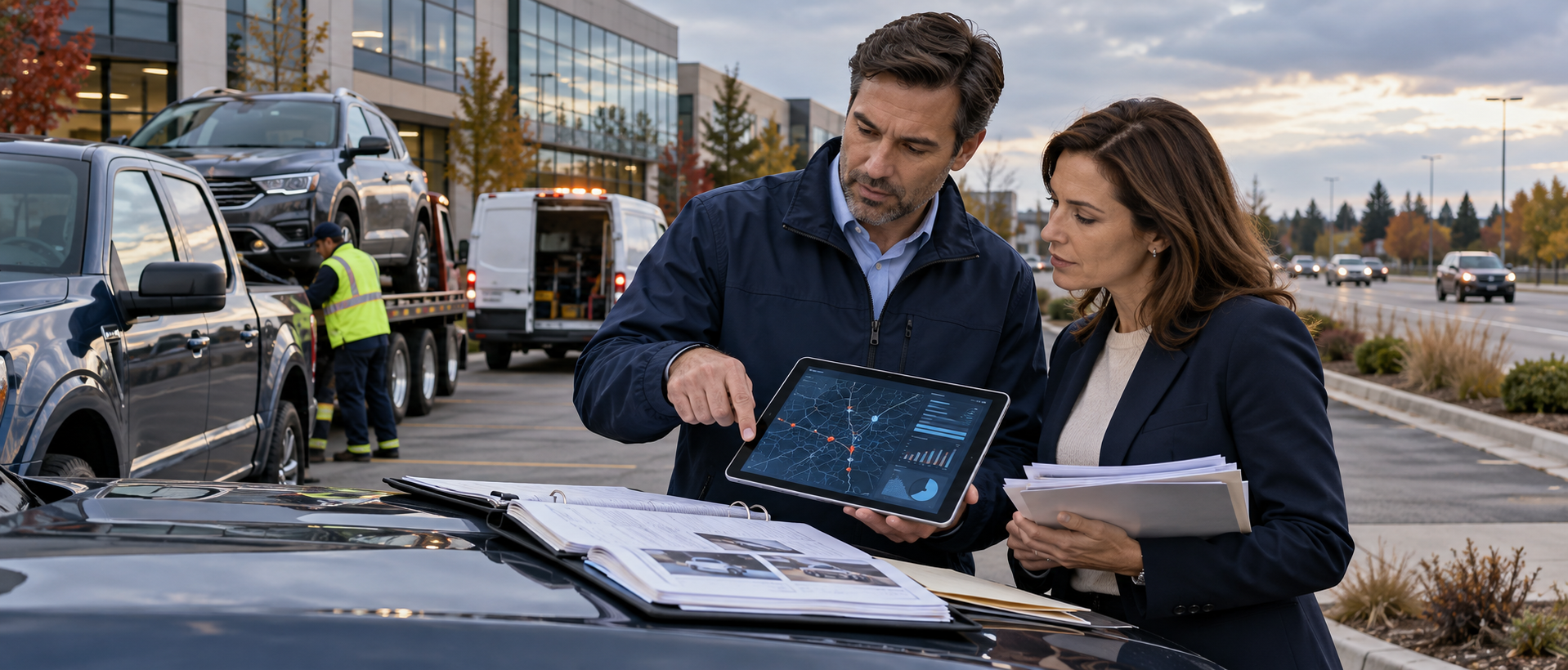 Insurance professionals reviewing AI-assisted commercial auto and roadside claims evidence beside a North American office corridor