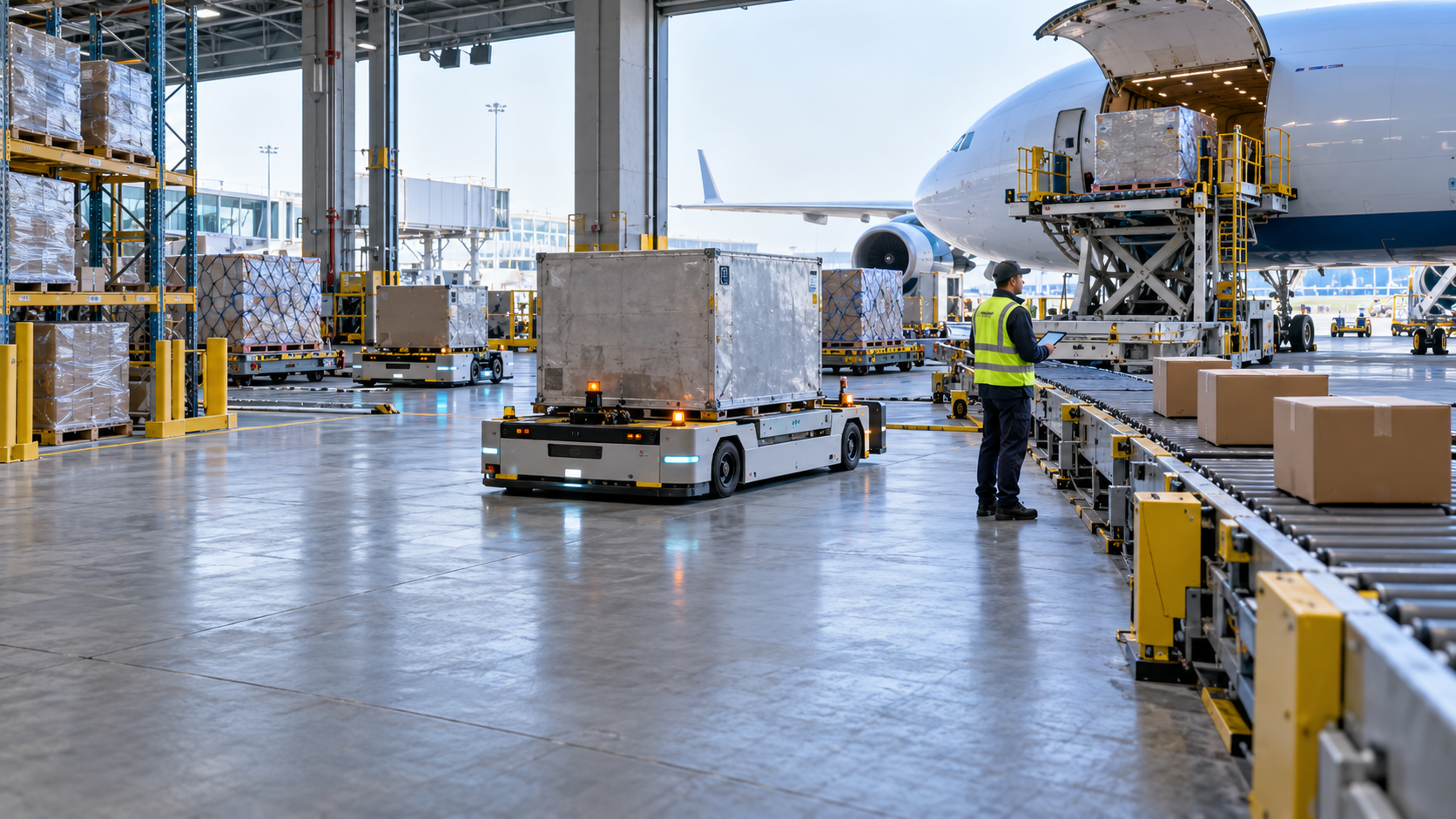 AI-enabled air-cargo logistics center with autonomous cargo movers, conveyors, pallets, cartons, freight containers and a human logistics coordinator