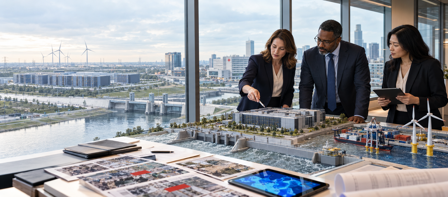Insurance professionals reviewing AI-assisted property risk evidence beside a winter North American suburban home