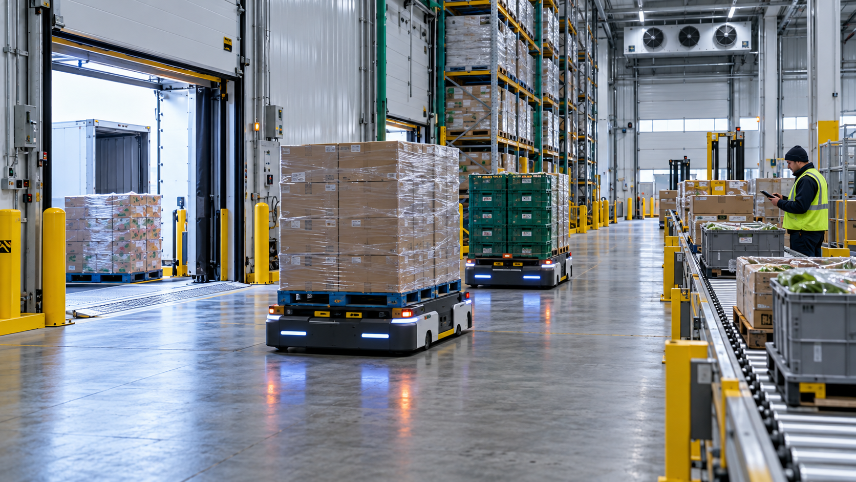 AI-enabled cold-chain grocery distribution center with autonomous pallet shuttles, conveyors, pallets, cartons, refrigerated storage and a human supervisor