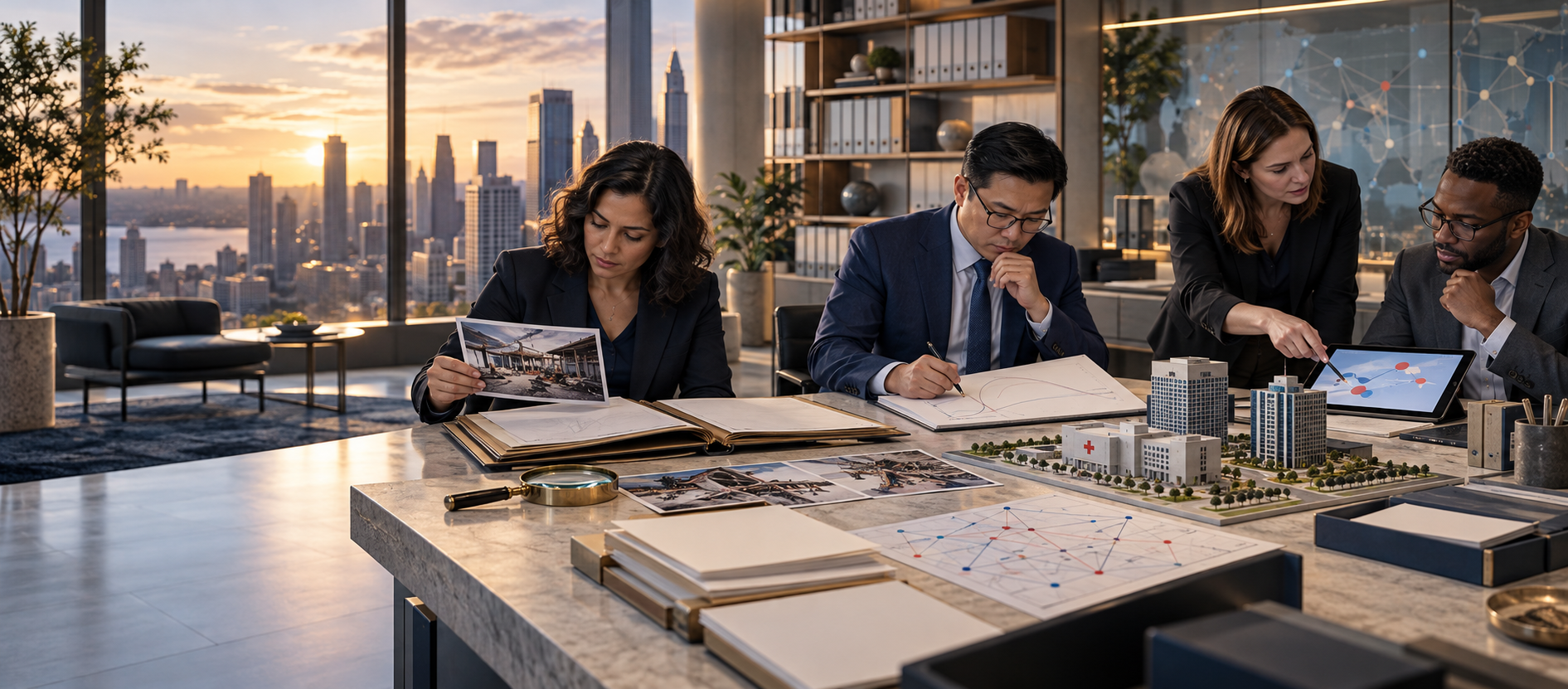 Insurance professionals reviewing AI-assisted commercial property exposure evidence and risk analytics in a North American office