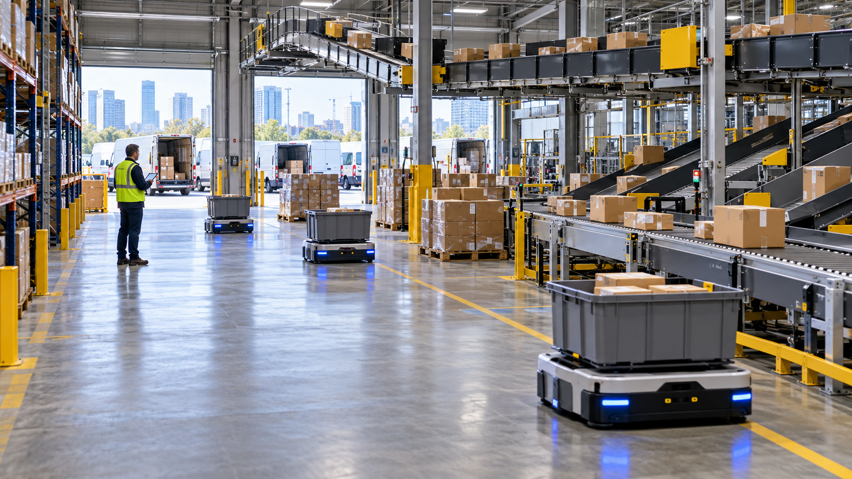 AI-enabled urban parcel sortation hub with autonomous mobile robots, conveyors, pallets, cartons, warehouse racking and a human logistics supervisor