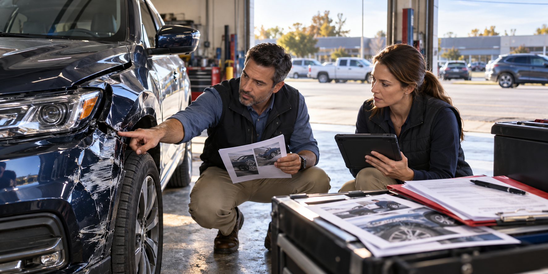 Insurance claims and special-investigations professionals reviewing vehicle damage evidence and AI-assisted fraud analytics